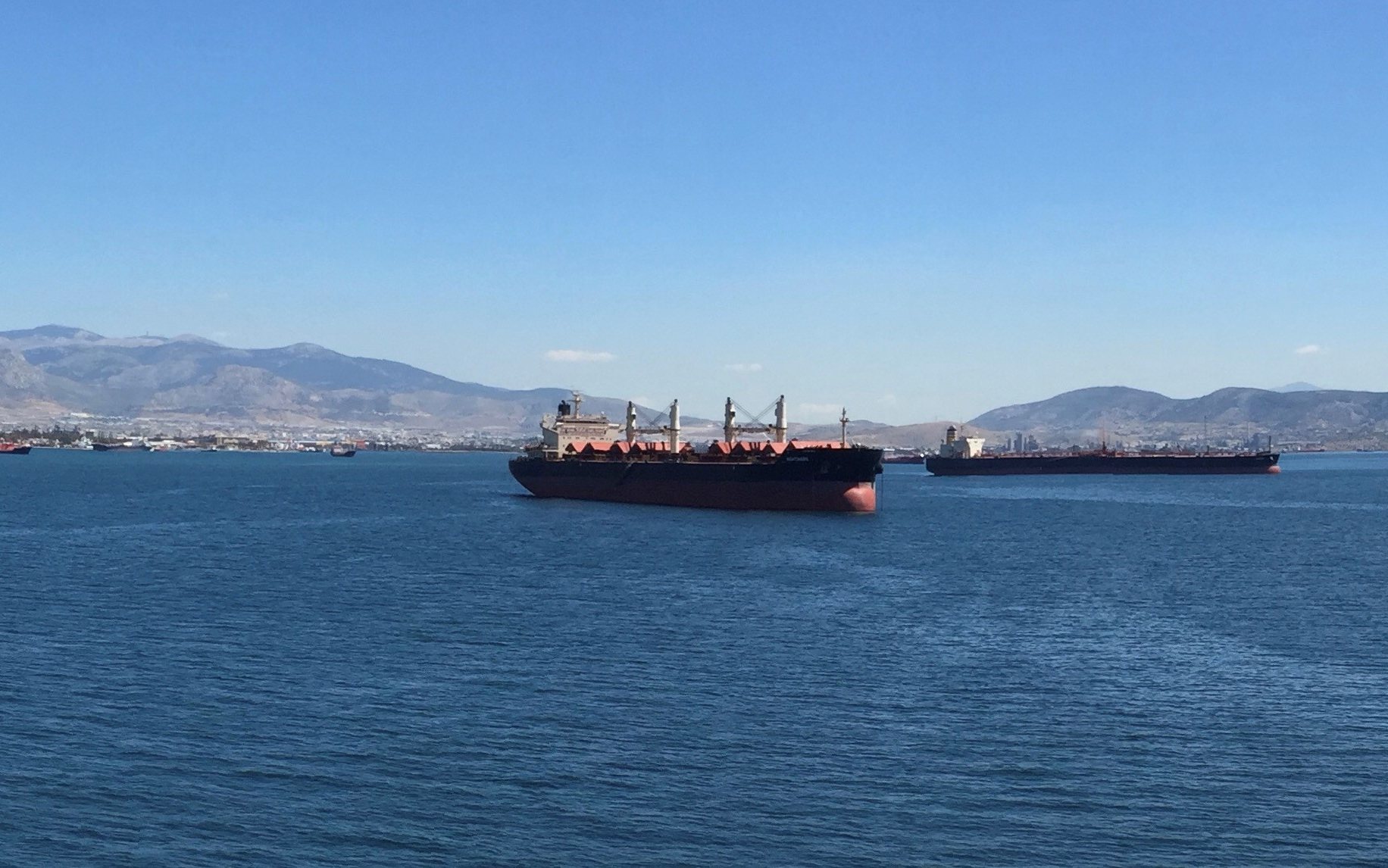 Bulk carrier at anchor off the Greek coast